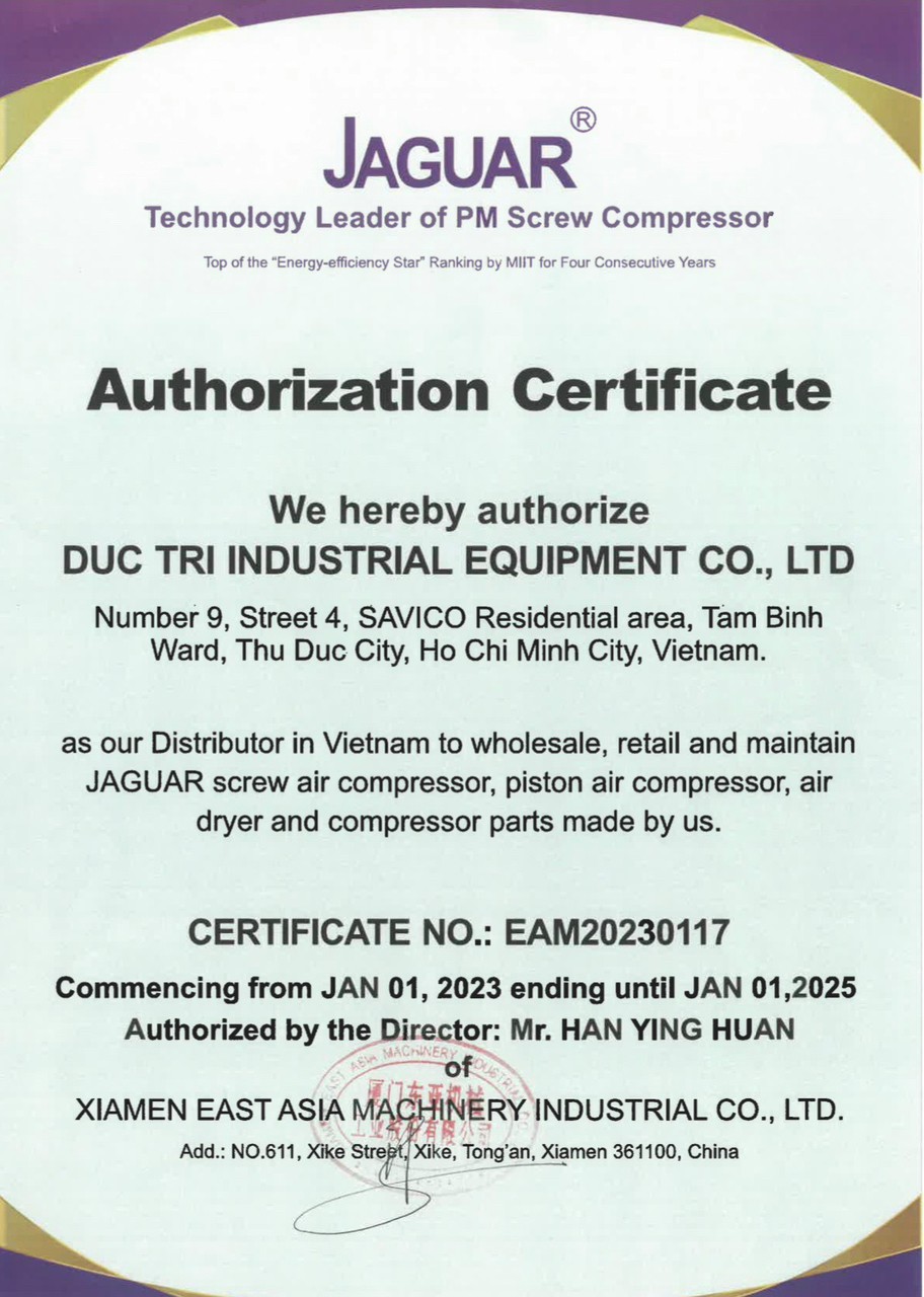 DUCTRICO ĐƯỢC CHỨNG NHẬN LÀ ĐẠI LÝ ỦY QUYỀN MÁY NÉN KHÍ JAGUAR